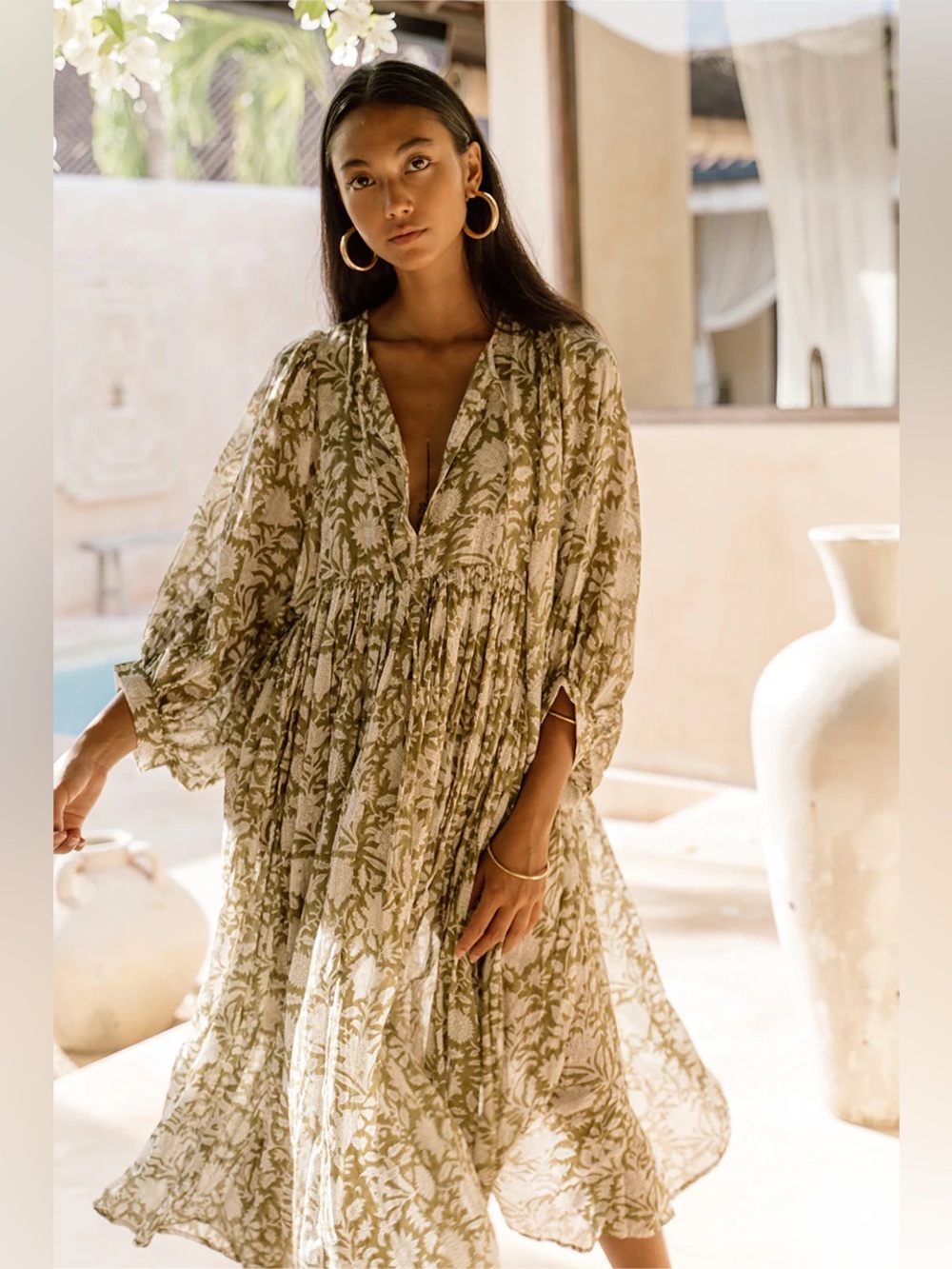 Daughters of India Kyra Midi Dress - Olive & Cream Floral Dress - XS - EUC